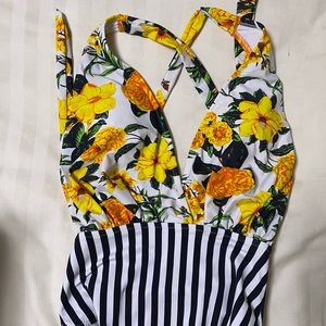 Floral and striped one piece swimsuit